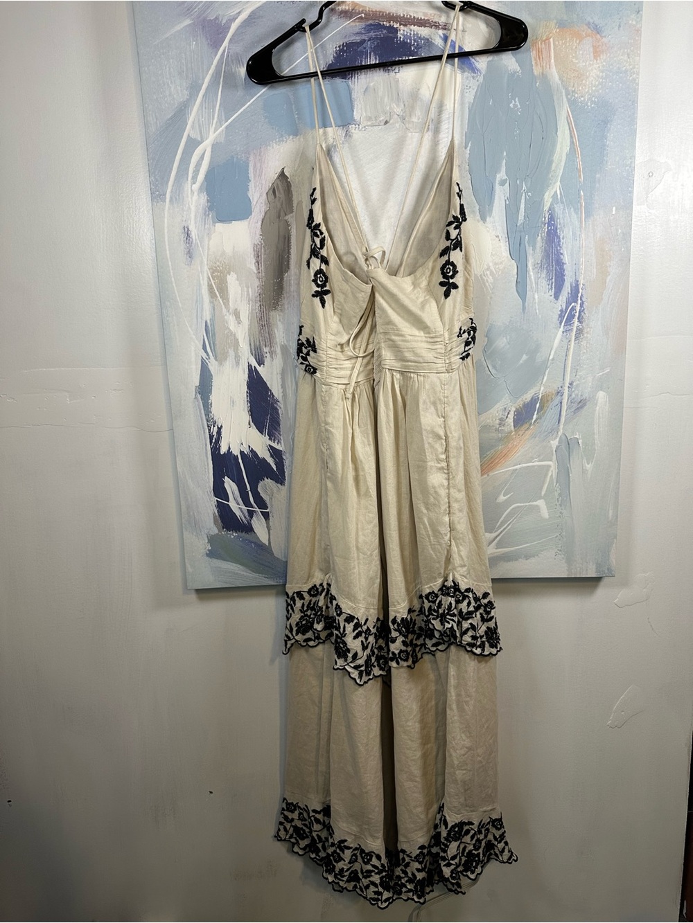 Abercrombie & Fitch Embroidered Cotton Maxi Dress White Black Halter Boho XL P - Picture 4 of 14